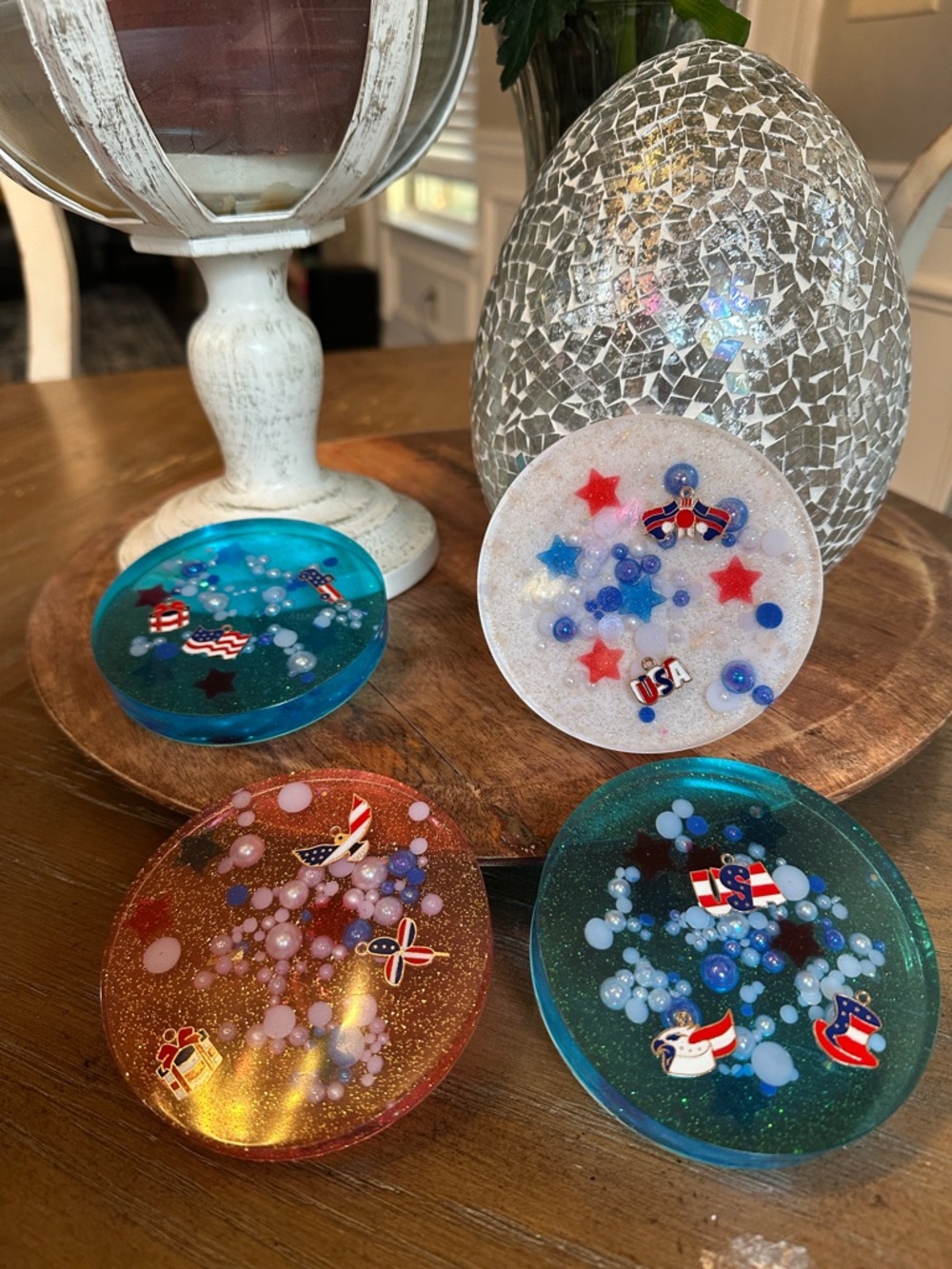 Handmade Patriotic Coasters - Red & White & blue Decorative Set (4)